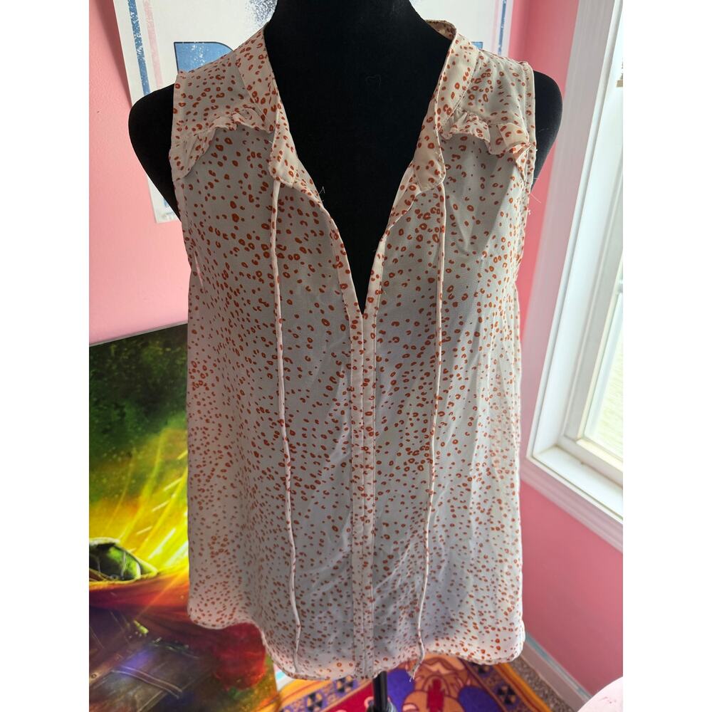 Fun2Fun Sleeveless Chiffon Blouse Small Cream & Rust Leopard Dot Ruffle Top